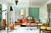 colorful mid-century modern living room with catchy lamps and a fluffy rug create a chic mid-century modern ambience