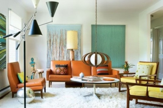 colorful mid-century modern living room with catchy lamps and a fluffy rug create a chic mid-century modern ambience