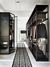 a minimalist closet done with dark stained wooden shelves, a glass armoire and a graphic rug