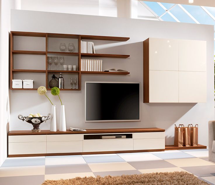 A rich stained and white storage wall mounted system with open and closed storage compartments and shelves is very cool