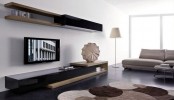 minimalist black and light-stained storage units – floating and floor ones looks very bold and laconic