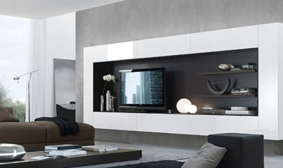 a cool black and white wall-mounted storage unit with closed compartments and open shelves looks bold and contrasting