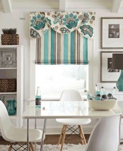 a white, grey, turquoise Roman shade with an additional floral detail on top is a lovely idea to add a bright and cool touch to the kitchen