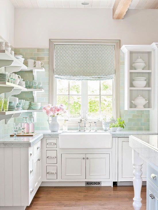 a silver printed Roman shade is a perfect addition to the farmhouse kitchen, and it adds color and print to the space