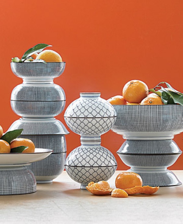 Printed plaid and arabesque black and white tableware will accent your food and decor and will give the table a fresh modern feel