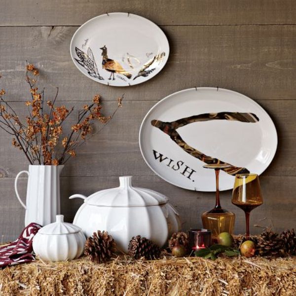 White ribbed porcelain and modern white plates with cool prints   a turkey and a wishbone are all a perfect idea for Thanksgiving