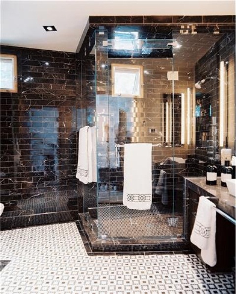 Tiles with gorgeous geometric patterns works great in bathrooms.