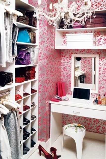 You can combine a tiny home office with a walk in closet. The desk would also serve you as a dressing table. Just make sure to hang a mirror behind it.