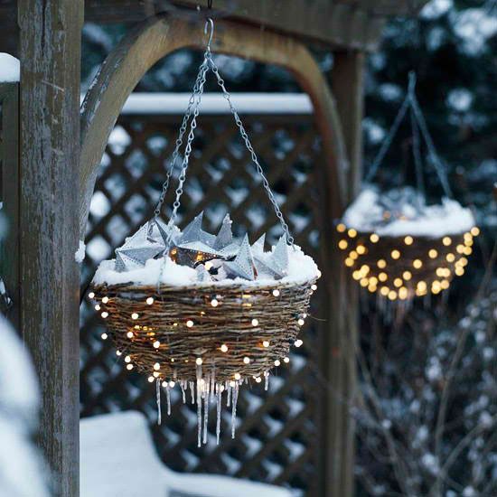 woven baskets with lights, icicles, silver stars and snow suspended over your porch or on the trees will give a magical winter wonderland feel to your outdoor space