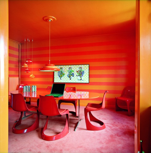 Super Modern Bright Red Orange Dining Area