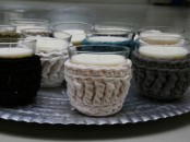 candles in glasses covered with knit grey, black and navy knit cozies give a lovely welcoming feel to the space, make as many as you want and cover the candles