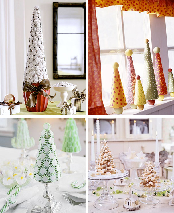 Cool tabletop Christmas trees   of candy canes, peppermints, cookies and colored cardboard are great and easy to make