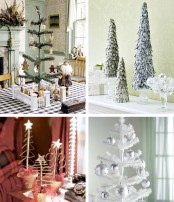 an assortment of Christmas trees – flocked, white and usual ones, with detailing and without it