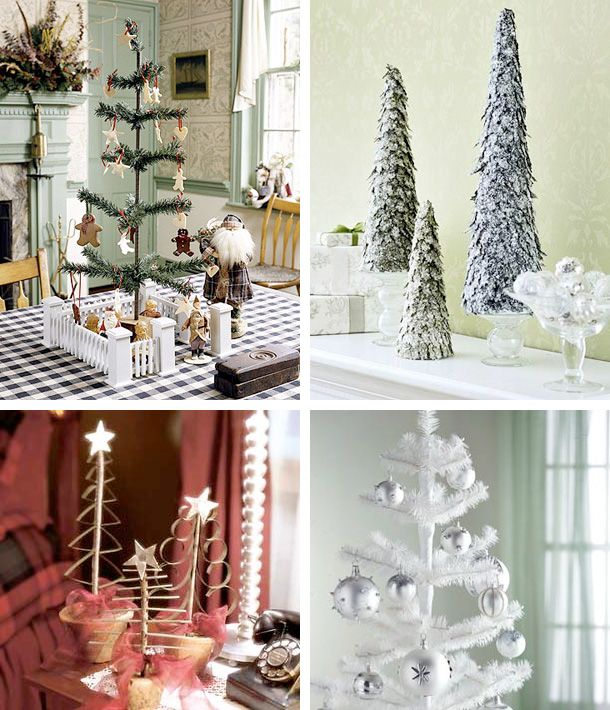 An assortment of Christmas trees   flocked, white and usual ones, with detailing and without it