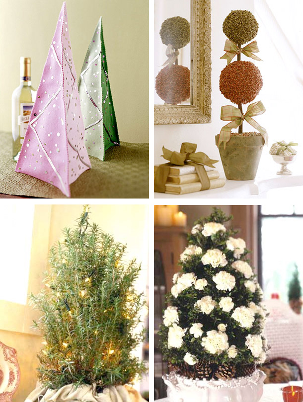 Various tabletop Christmas trees   potted plants, paper trees and topiaries will add a bit of holiday cheer to your space