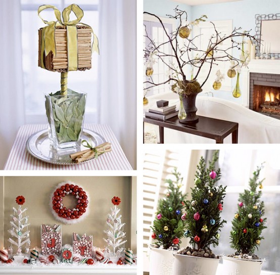 tabletop Christmas trees - mini potted ones, branches with ornaments, faux white Christmas trees and an alternative one