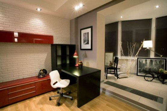 a contrasting white, red and black teen bedroom, a colorful contemporary furniture, large windows and much light