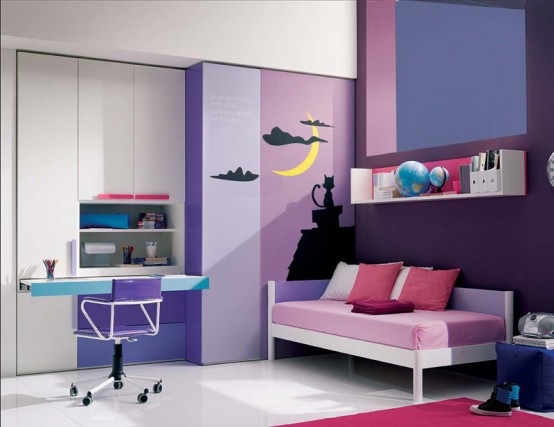 a bright teen girl's room done in bold berry shades like violet, purple and fuchsia, with touches of white, with modern built-in furniture and space-saving solutions