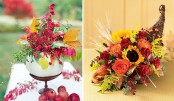 bold Thanksgiving centerpieces – a white pumpkin with bright florals and leaves and a cornucopia with bold flowers and wheat are amazing for Thanksgiving