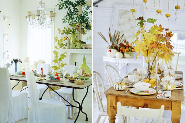 Beautiful modern fall or Thanksgiving tablescapes with lots of fall leaves, pumpkins and gourds plus colored glasses are easy to compose and look chic