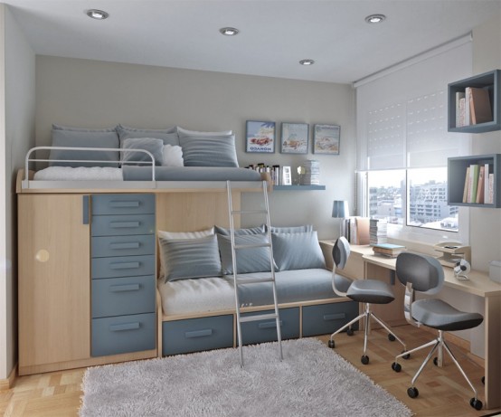 Great design for a shared boys room with two beds and two studying desks.