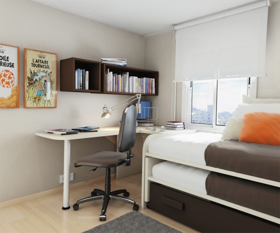 Compact tween boy bedroom layout. Brown/beige combo looks great, btw!