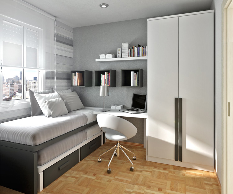 Grey is a good neutral color choice for a modern teenage room.