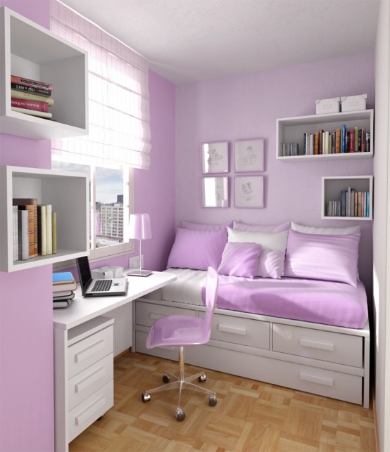 Thoughtful small room layout with sleeping and working spaces in a typical for a girl color - pink.