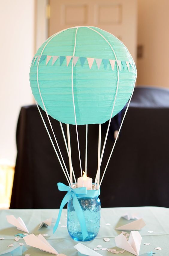 tiffany blue hot air balloon centerpiece for a boy baby shower