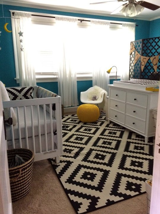 Turquoise Nursery Design With Yellow, Black And White Accents