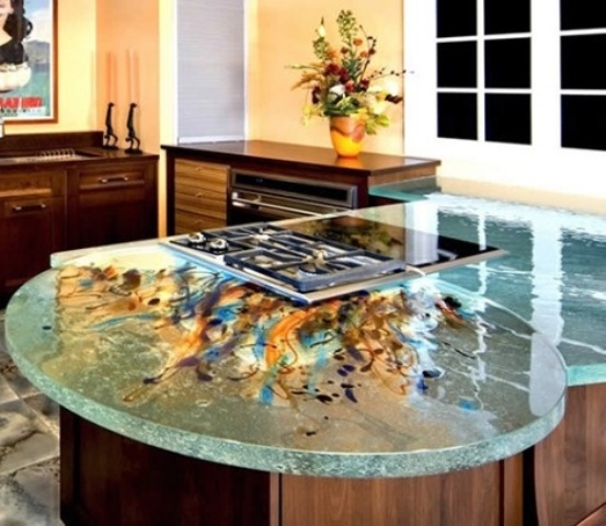 a bright aqua countertop with colorful watercolors looks very artful and bold