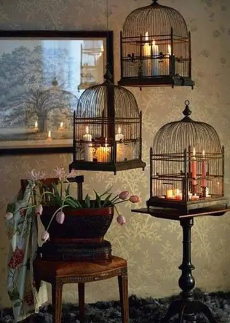 Several bird cages and bunch of candles could provide enough lighting for a romantic dinner.