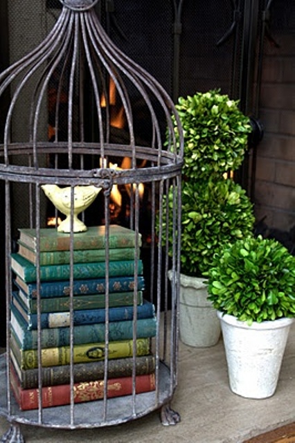 Combining a vintage bird cage filled with vintage books looks perfect in combination with topiaries.