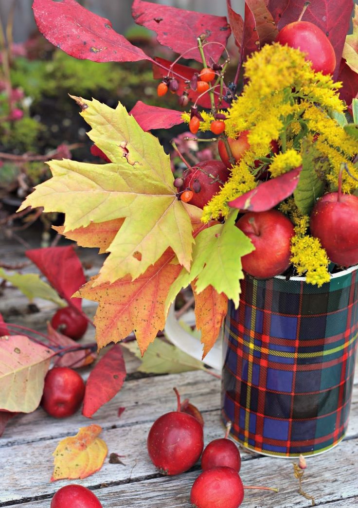 A lovely all natural Thanksgiving centerpiece of a bold plaid vase, bold leaves, berries, apples and bold blooms is a very fresh and easy to realize idea