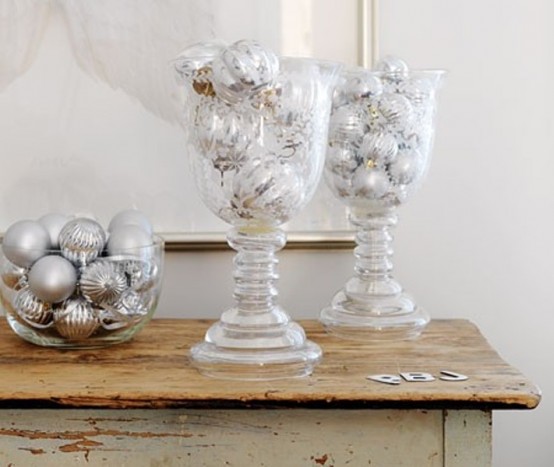 a clear bowl and some large clear glasses filled with silver ornaments are amazing for winter holiday decor, these are easy centerpieces