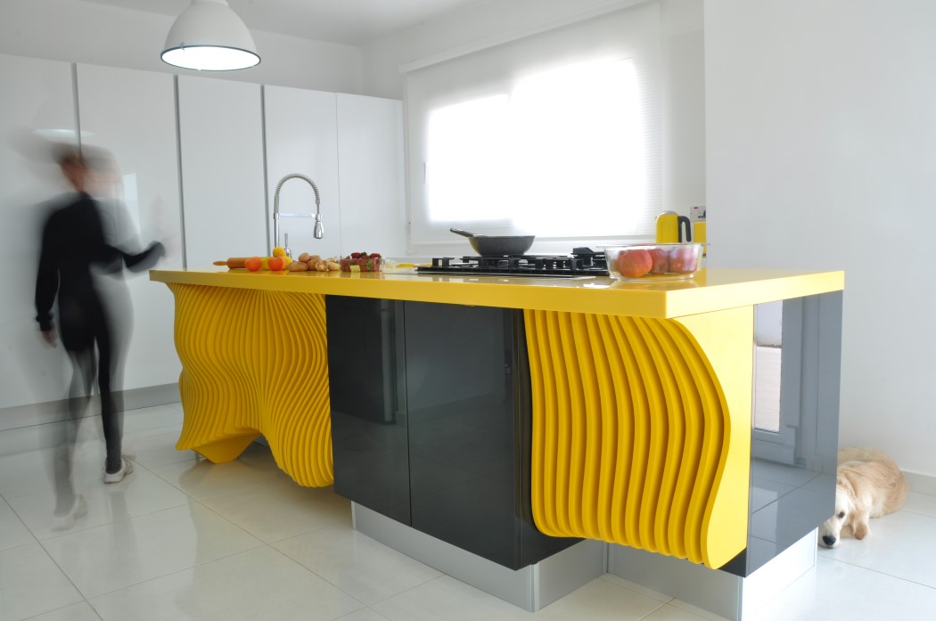 White minimalist kitchen with a sculptural yellow island  3