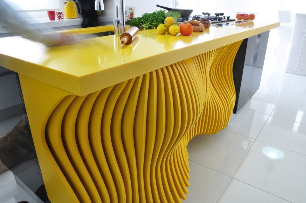 White minimalist kitchen with a sculptural yellow island  6