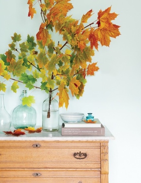a simple arrangement of branches with bright fall leaves in a clear jar is a cool decoraiton for any modern space