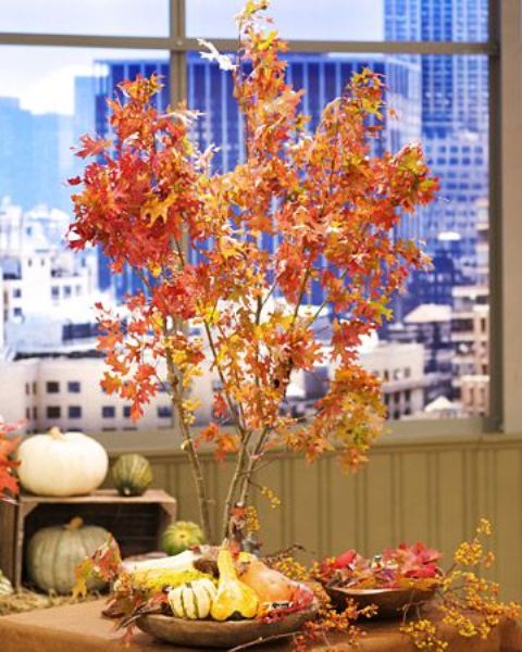 a bold fall decoration of branches with bright red leaves and pumpkins around is super stylish fall idea