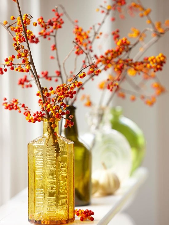 branches with bright red berries put into fall-colored bottles and vases will easily add a fall feel to any space