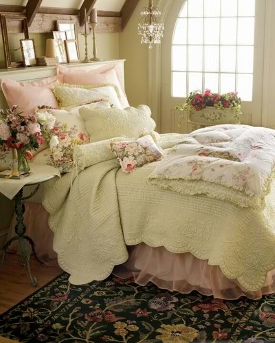 tender pastel bedding in green and pink, some fresh blooms here and there make this vintage space feel like spring
