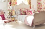 a neutral bedroom with floral curtains and bright bedding and touches of pink make the space feel like spring