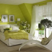 a neon green bedroom refreshed with white looks springy and summer-like itself