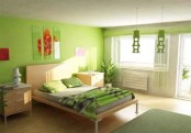 a bright bedroom in neon green, a floral three-piece artwork looks bold and springy