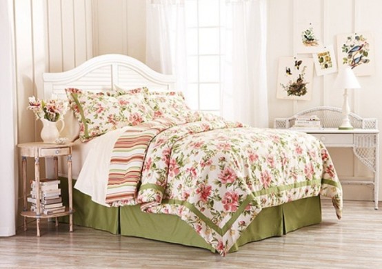 a bright floral and striped bedding, bright spring artworks make the space fresh and bright for spring